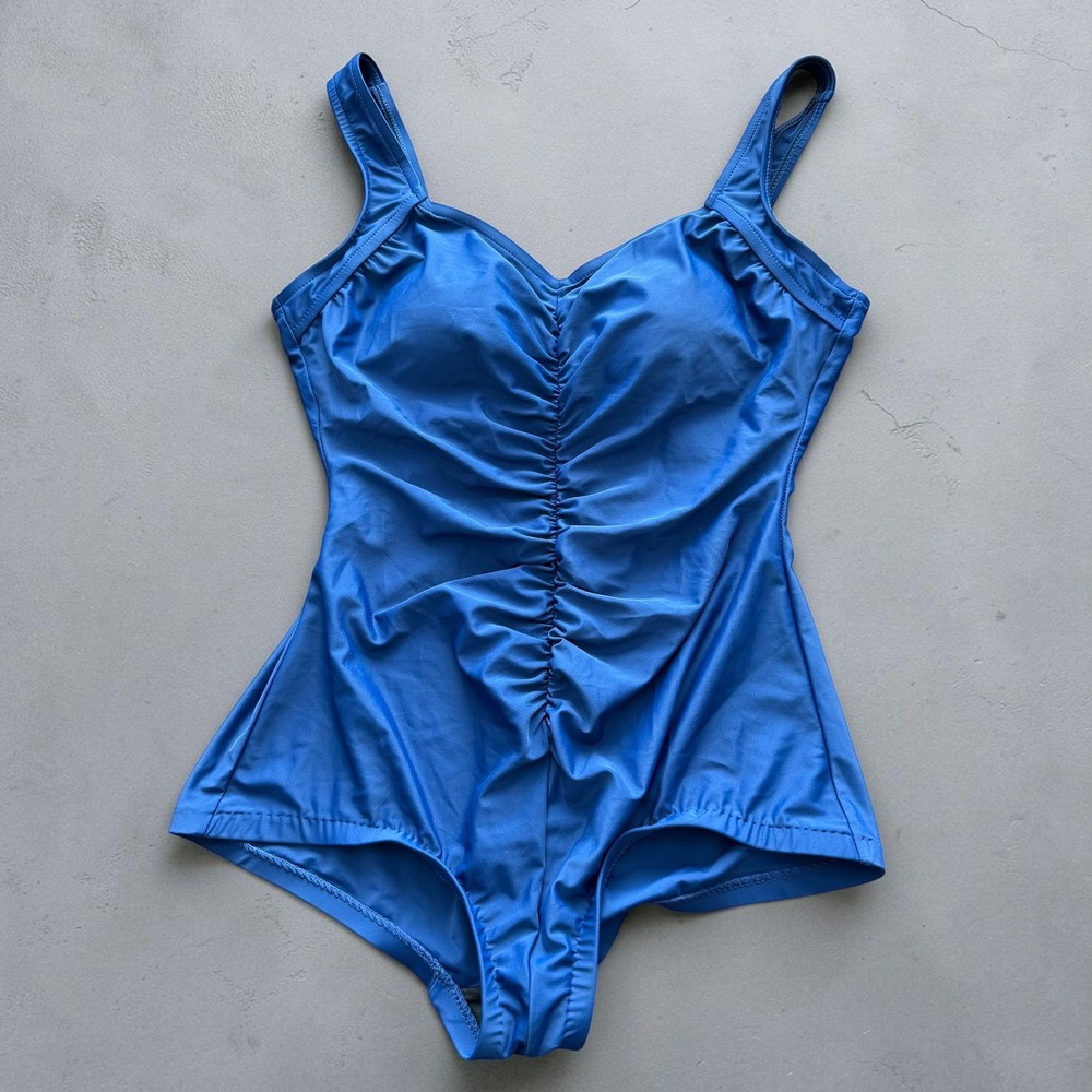Maxine of Hollywood One Piece Swimsuit Navy Tricot Shirred Front Girl Leg sz 14